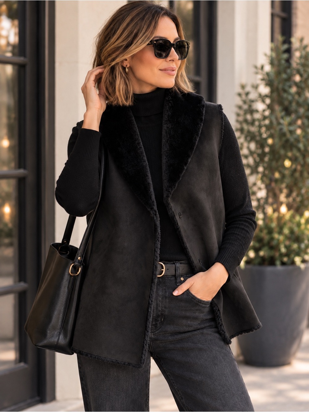 Lauren Faux Fur Vest By Ralph Lauren Black Petite